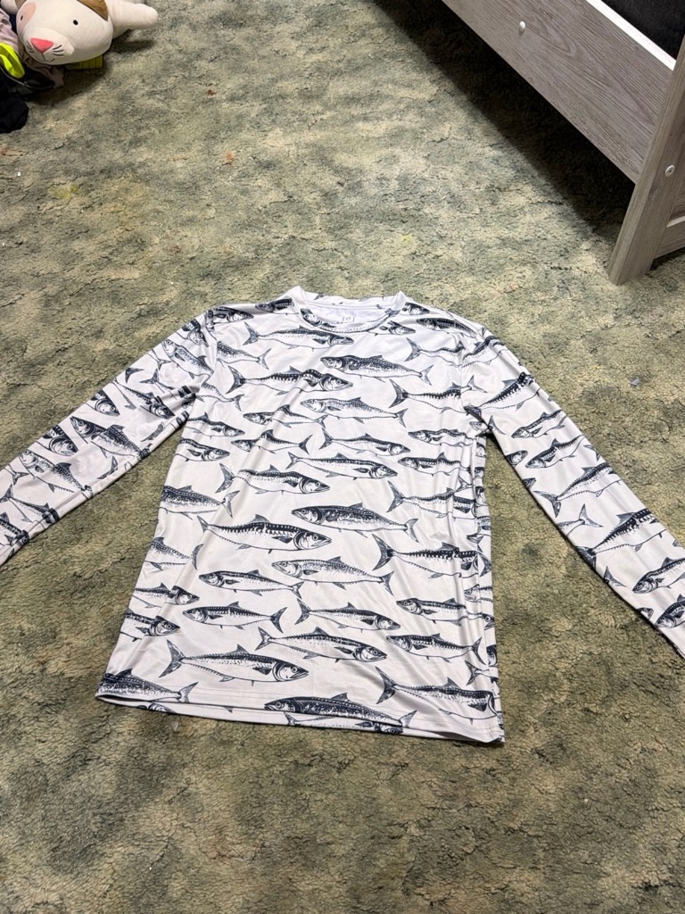 George White Long-Sleeve Performance Tee with Navy Fish Print